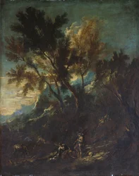 Eine Berglandschaft mit pastoralen Figuren