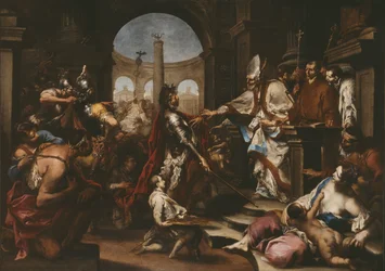 Theodosius von der Kirche durch den Heiligen Ambrosius abgewiesen