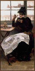 Eine Frau in Schwarz, die Zeitung lesend und eine Tasse Kaffee in einem Bistro trinkend. Gemälde von Alessandro Milesi (1856-1945)