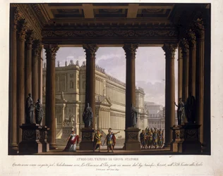 Szenografie von Alessandro Sanquirico (1777-1849) für „Die Gnade des Titus“ von Wolfgang Amadeus Mozart (1756-1791) aufgeführt an der Scala in Mailand 1819 und stellt das Atrium des Tempels des Jupiter Stator dar: Sextus wird gestoppt; um Viterli zu bewahr