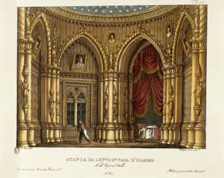 Das Schlafzimmer von Elmire (oder Elmiro). Bühnenbild für die Oper „Otello“ von Gioachino Rossini (1816), nach William Shakespeares Stück „Othello oder Der Mohr von Venedig“, 1830
