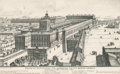 Palast des Papstes auf dem Quirinalshügel, auch bekannt als Monte Cavallo, Zeichnung und Gravur von Alessandro Specchi (1668-1729), Italien
