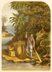 Robinson Crusoe rettet mit einem Floß viele nützliche Gegenstände vom Schiff