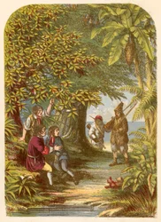 Robinson Crusoe überrascht die drei Engländer