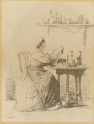 Dienstmädchen, das am Tisch putzt