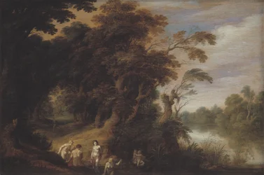 Bewaldete Landschaft mit badenden Nymphen