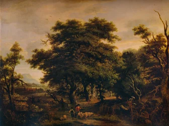 Waldlandschaft mit Figuren und Schafen