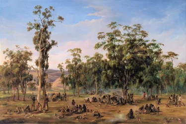 Ein Aborigines-Lager in der Nähe der Adelaide-Fußhügel