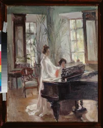 Im Empfangssalon - Zwei Frauen machen Musik, singen und spielen Klavier - Werk von Alexander Valentinovich Sredin (Sredine) (1872-1934), Öl auf Karton - Russische Kunst Ende 19. Anfang 20. Jahrhundert, Modernismus - Regionales Kunstmuseum
