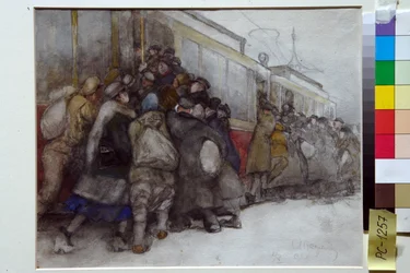 Menschen versuchen, in eine bereits volle Straßenbahn einzusteigen von Alexander Ivanovich Vakhrameyev