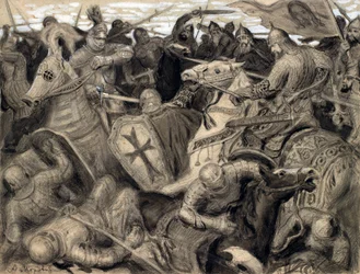 "Alexander Nevsky" Schlachtszene zur Zeit von Alexander Nevsky (1220-1263), Herzog von Nowgorod - Pastell von Alexander Viktorovich Moravov (1878-1951)