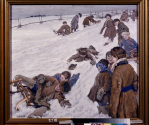 Wintersport. Szene des Rodelns auf einem verschneiten Feld, Kinder in warmer Kleidung haben Spaß und lachen. Gemälde von Alexander Wiktorowitsch Morawow (1878-1951)