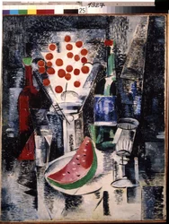 Stillleben mit Vase und Flaschen