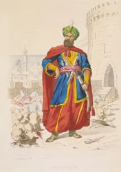 Ali Khoja, Herrscher von Algier 1816-1818, prächtig in einem grünen Turban und mit einem feinen Schwert, umgeben von den abgeschlagenen Köpfen besiegter Feinde nach der Bombardierung von 1816, Mitte 19. Jahrhundert