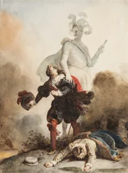 Don Juan und Leporello treffen die Statue des Kommandeurs auf dem Friedhof