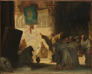 Dramatische Szene mit Mönchen in einer Krypta