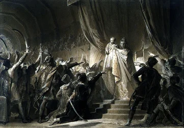 Die Kaiserin Maria-Theresia (1717-80) stellt den zukünftigen Joseph II. den Magnaten von Ungarn vor