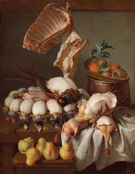 Stillleben mit Wildbret, Fleisch und Obst, 1734