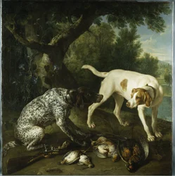 Zwei Zeigerhunde des 3. Earl of Burlington mit erlegtem Wild in einer Landschaft