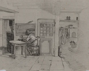 Ein Bauernhausinterieur mit einem Jungen am Tisch