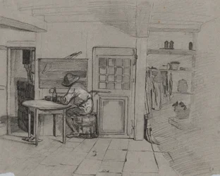 Bauernhausinterieur mit einem Jungen am Tisch, ca. 1846