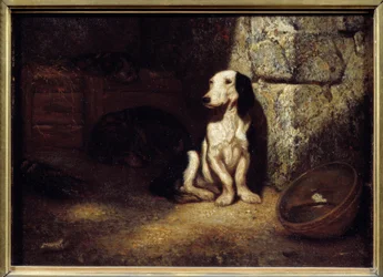 Schwarz-weißer Basset am Zwinger. Daneben eine mit Wasser gefüllte Schale. 1849. Maße: 0,25 x 0,35 m