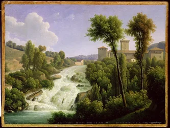 Blick von der Ile de Sora über die Wasserfälle des Schlosses, ca. 1822