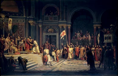 Erster Kreuzzug: Gottfried von Bouillon (1061-1100), Herzog von Niederlothringen, leistet dem byzantinischen Kaiser Alexios Komnenos in Konstantinopel den Treueid