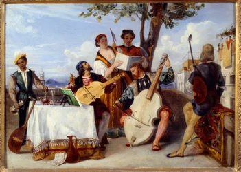 Die venezianischen Konzertmusiker (Cello, Laute, Violine) und Sänger auf einer Terrasse werden von einem Schwarzen Diener bedient. 19. Jahrhundert. Lebensdaten des Künstlers: 1806-1879. Nantes, Museum der Schönen Künste
