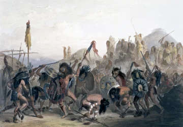 Bison-Tanz der Mandan-Indianer vor ihrer Medizin-Lodge in Mih-Tutta-Hankush, 1843