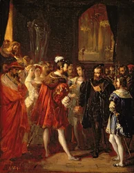 Karl V. (1500-58) wird von Franz I. (1494-1547) im Louvre empfangen, ca. 1843
