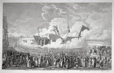 Eröffnung der Reiterstatue von Peter dem Großen auf dem Senatsplatz St. Petersburg im Jahr 1782, frühes 19. Jahrhundert