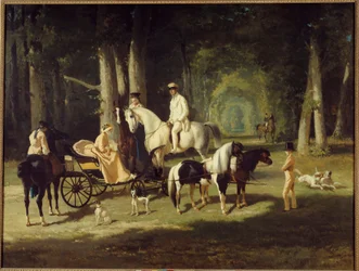 Herr und Frau A. Mosselman und ihre zwei Töchter reiten durch den Wald