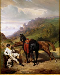 Weißer Junge und seine Pferde. Gemälde von Alfred De Dreux (19. Jahrhundert)