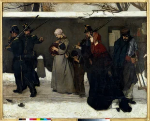 Die sogenannte Landstreicherei, auch „Die Jäger von Vincennes“ genannt: Nationalgardisten halten Familien auf der Straße an. Maße: 1,3 x 1,6 m. Paris, Musée d