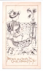 Viktorianische Neujahrskarte mit einem Ästheten, der eine Vase mit Pfauenfedern bewundert, ca. 1881