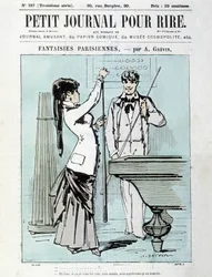 Pariser Fantasien von A. Grévin: Nun, wenn es Ihnen nichts ausmacht, meine Cousine, nennen wir es einen Ärmel. Billardspieler - Titelblatt des „Kleinen Tagebuchs zum Lachen“ vom Dez. 1903