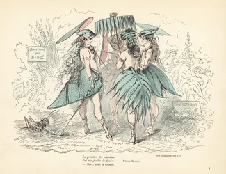 Frauen nur in Feigenblattkleidern und Hüten, die Blattpaare halten