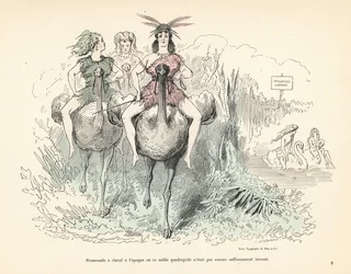 Frauen in Tierfellen und Federn, die Strauße und Schwäne reiten