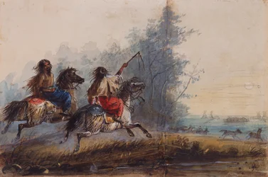 Frauen, Schlangenstamm, treiben Pferde, um 1837