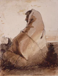 Indianer trauert über ein Grab, markiert durch einen Büffelschädel, ca. 1837