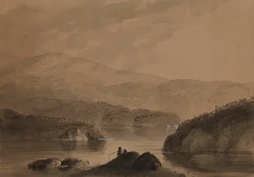 Ansicht von Männern, die von einem Felsen in einem See aus angeln