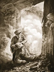 Unteroffizier Raynes setzt Sergeant Ayres nach der Explosion einer Gasgranate seinen Rauchhelm auf (Lithografie)