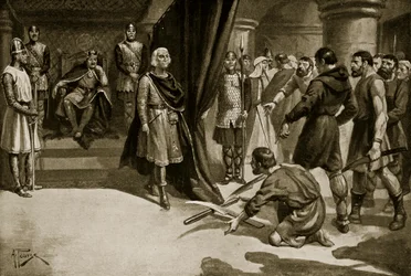 Bauern werfen ihre Pflugscharen zu Füßen von Heinrich I., Illustration aus 