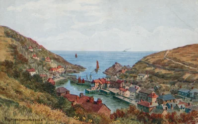 Polperro vom Hügel (Farblithografie)