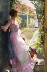 Die Frau des Künstlers begrüßt ihre Schwester Hebe zum Tee