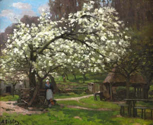 Frühling, Bäuerin unter blühenden Bäumen