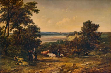 Ein Hafen umgeben von bewaldeten Hügeln und Wiesen mit Vieh, 1859, 1938