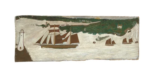Schoner passiert einen Leuchtturm, ca. 1855-1942