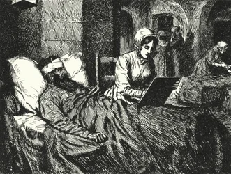 Die englische Krankenschwester Florence Nightingale schreibt einen Brief für einen im Krimkrieg verwundeten Soldaten im Krankenhaus von Scutari, 1855